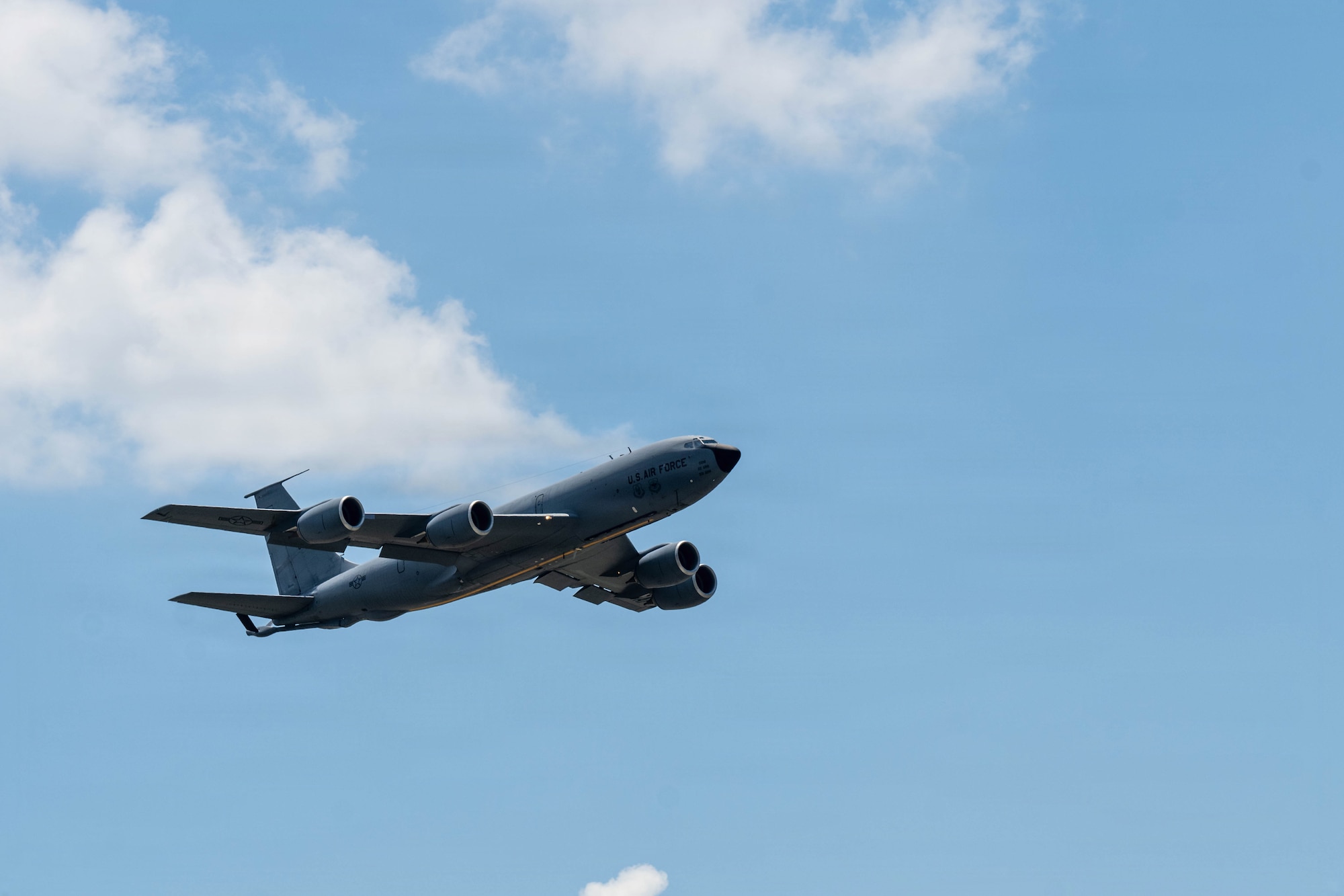 A KC-135 Stratotanker makes its final departure from McConnell Air Force Base, Kansas, July 14, 2026. The jet was flown to MacDill Air Force Base, Florida, by a crew from the 99th Air Refueling Squadron out of Birmingham, Alabama. (U.S. Air Force photo by Airman 1st Class Patrick O’Neill)