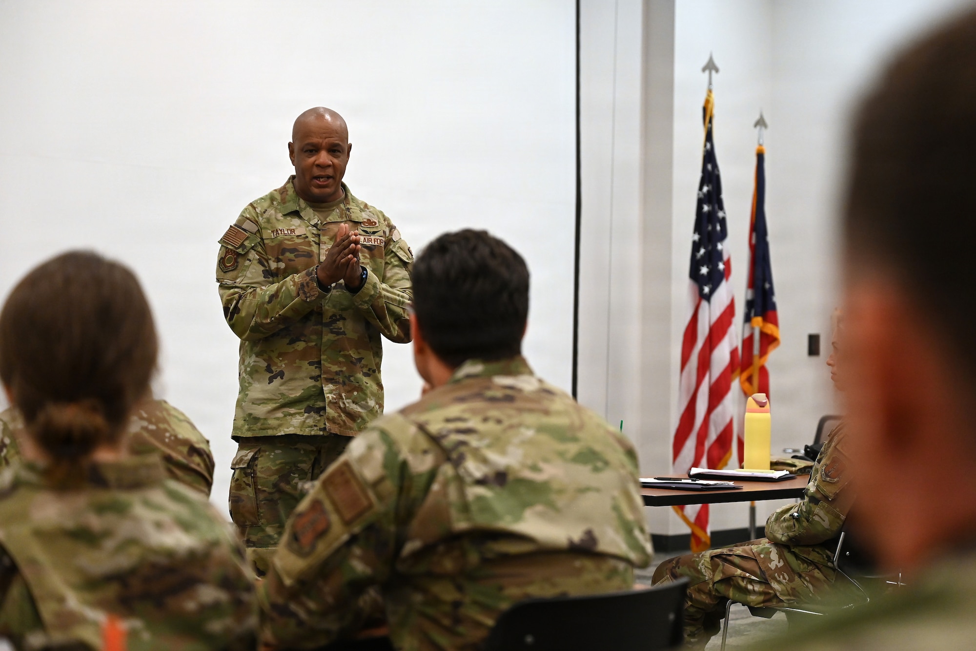 U.S. Air Force State Command Chief Master Sgt. Edward N. Taylor III, senior enlisted advisor of the Ohio National Guard, speaks to students July 17, 2026 during the Additional Duty First Sergeant Symposium at Springfield-Beckley Air National Guard Base. The week-long event was a statewide certification course designed to equip airmen to act as additional duty first sergeants. (U.S.Air National Guard phot by Shane Hughes)