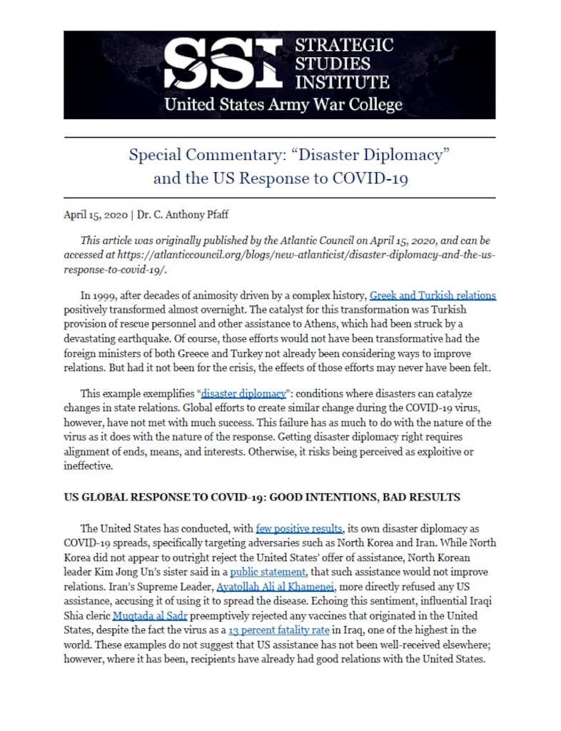 “Disaster Diplomacy” and the US Response to COVID-19 by Dr. C. Anthony Pfaff