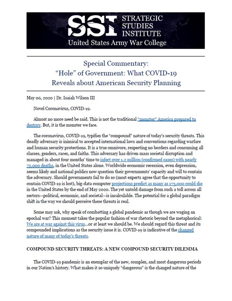 “Hole” of Government: What COVID-19 Reveals about American Security Planning by Dr. Isaiah Wilson III