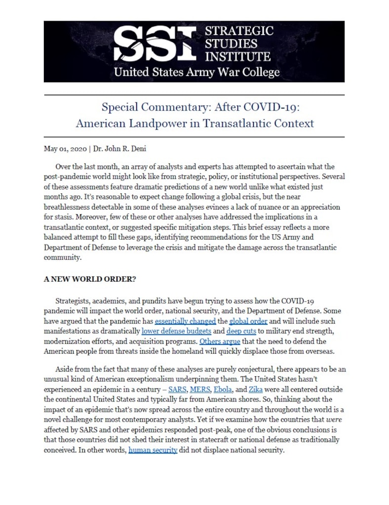 After COVID-19: American Landpower in Transatlantic Context by Dr. John R. Deni