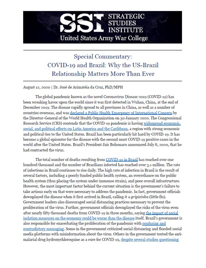 COVID-19 and Brazil: Why the US-Brazil Relationship Matters More Than Ever by Dr. José de Arimatéia da Cruz