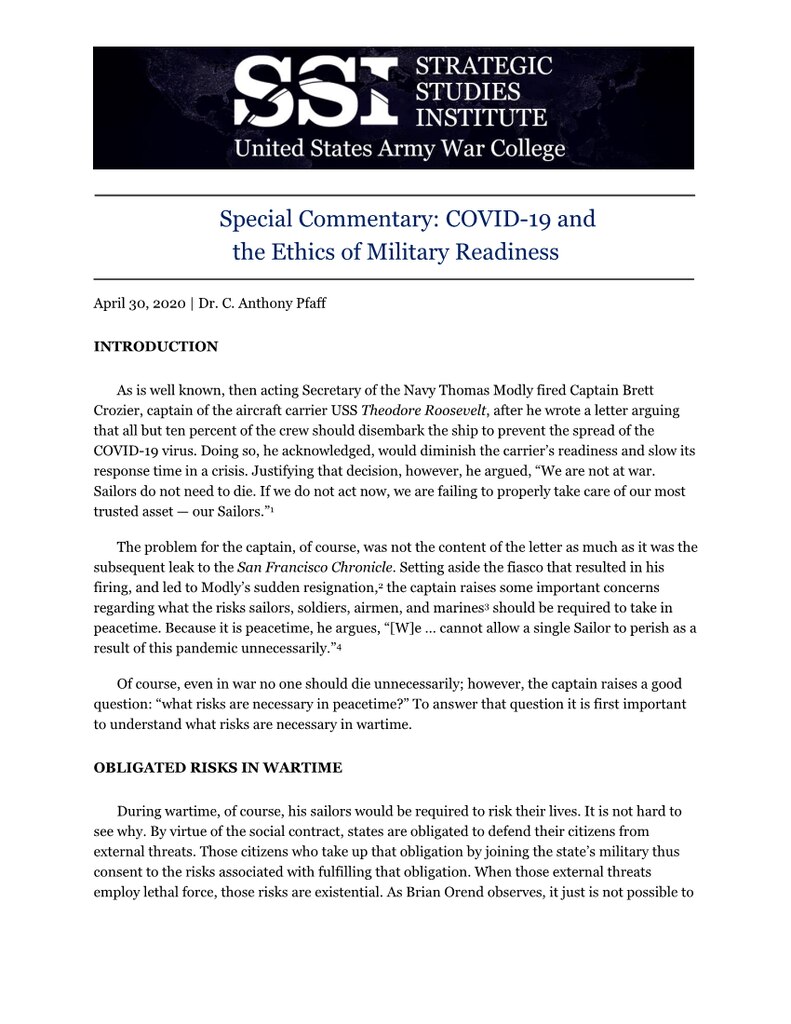 COVID-19 and the Ethics of Military Readiness by Dr. C. Anthony Pfaff