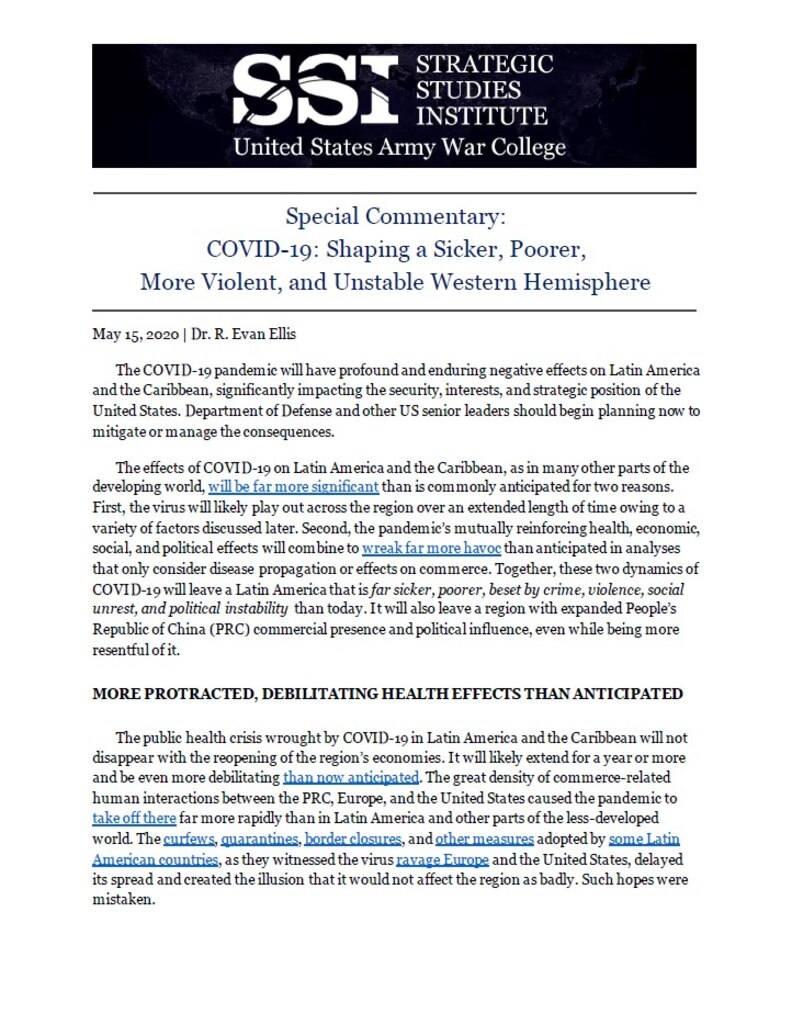 COVID-19: Shaping a Sicker, Poorer, More Violent, and Unstable Western Hemisphere by Dr. R. Evan Ellis