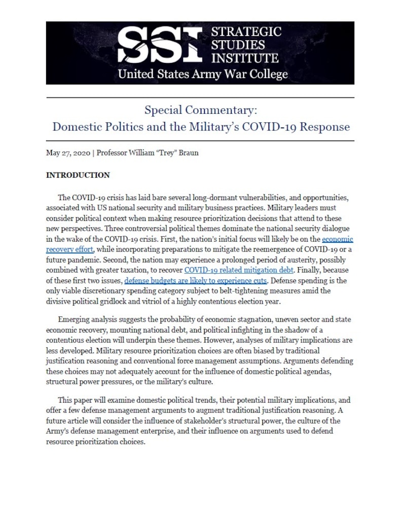 Domestic Politics and the Military’s COVID-19 Response by Professor William “Trey” Braun