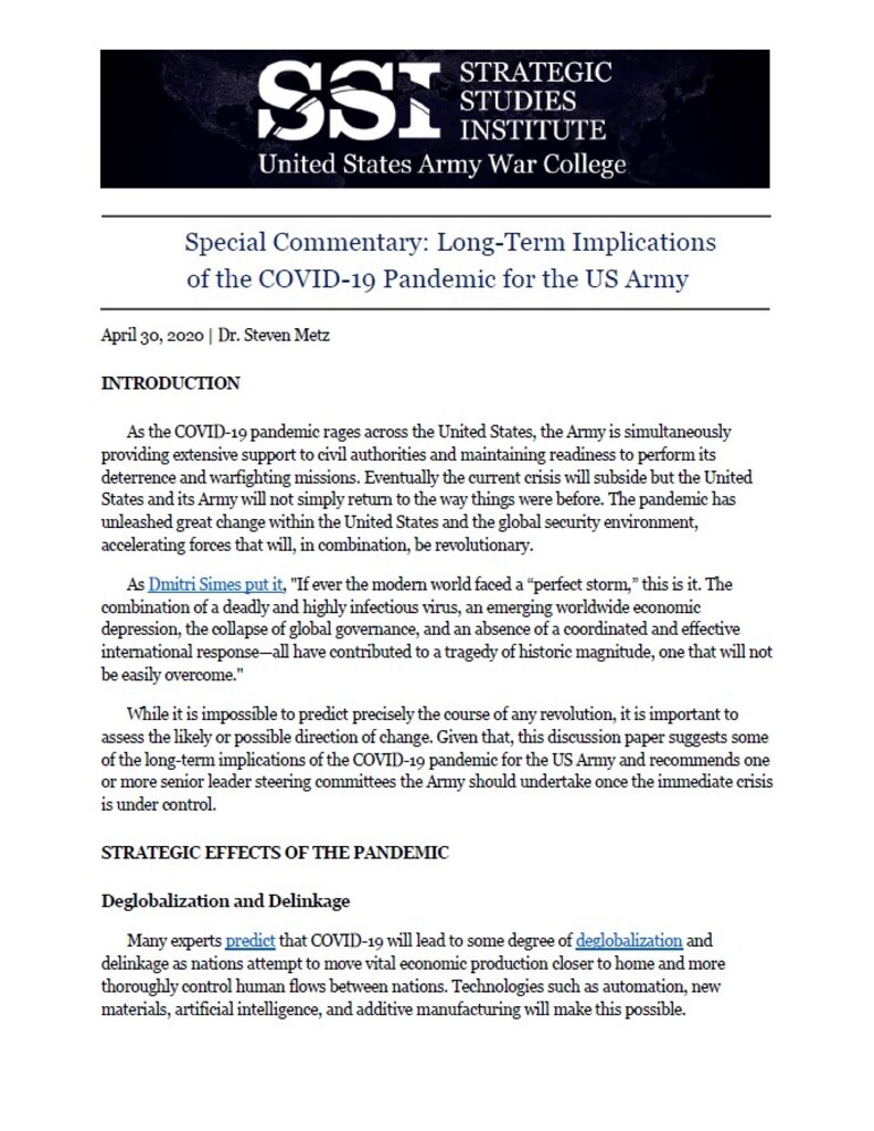 Long-Term Implications of the COVID-19 Pandemic for the US Army by Dr. Steven Metz