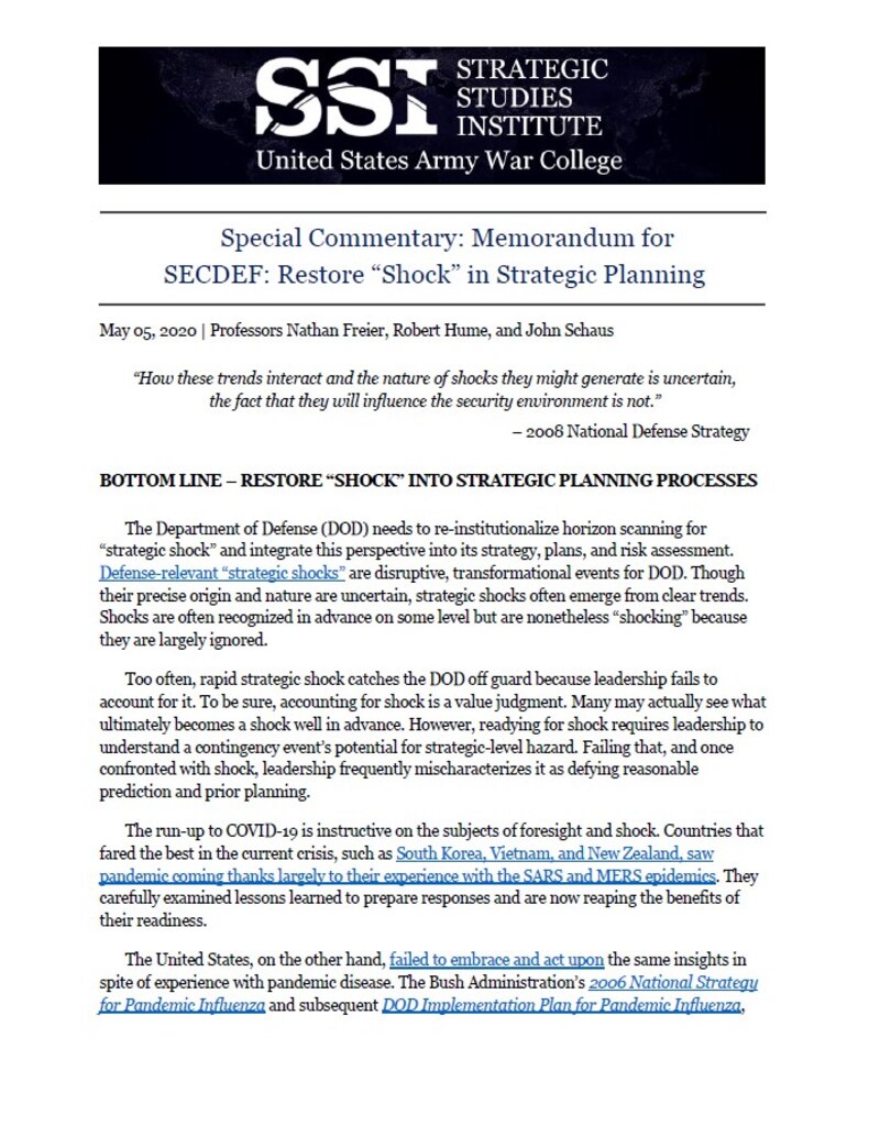 Memorandum for SECDEF: Restore “Shock” in Strategic Planning by Professors Nathan Freier, Robert Hume, and John Schaus