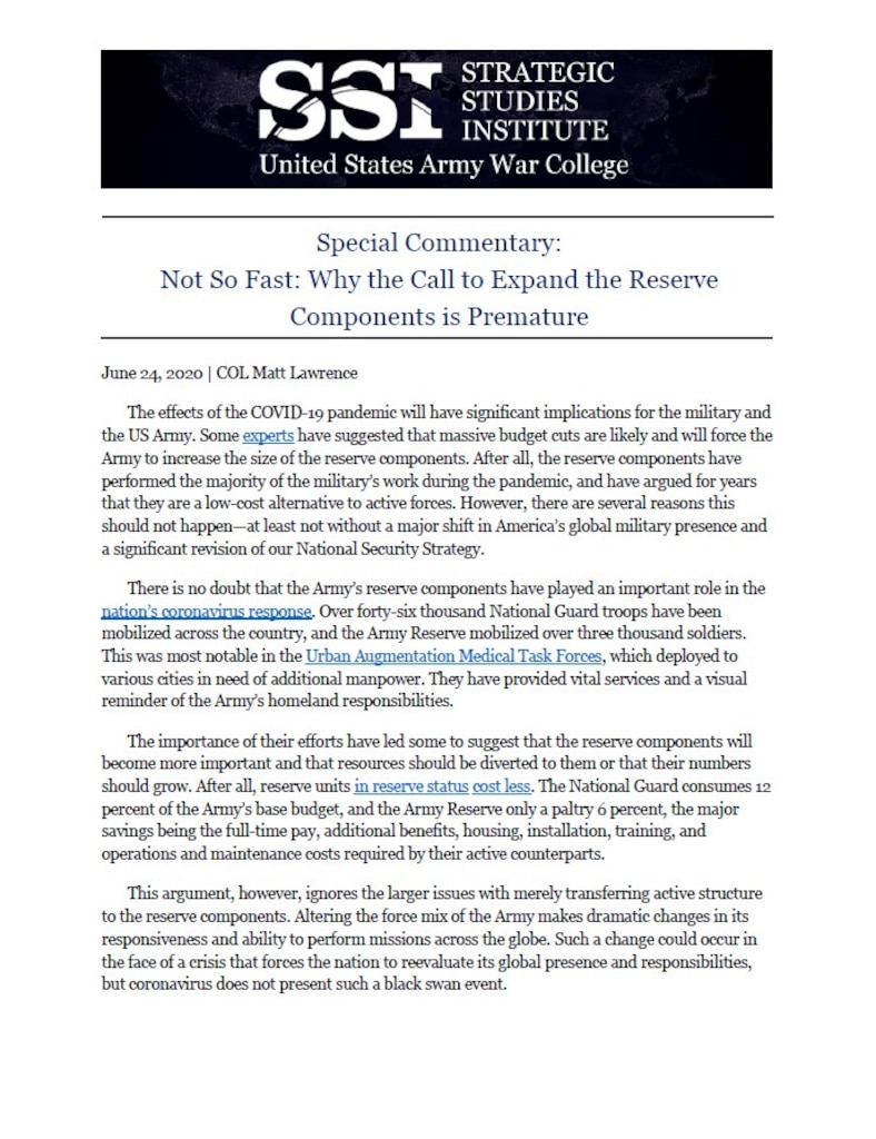 Not So Fast: Why the Call to Expand the Reserve Components is Premature by COL Matt Lawrence