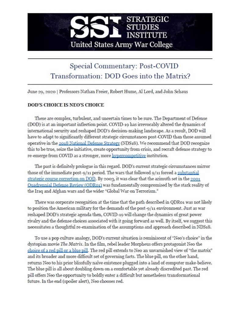 Post-COVID Transformation: DOD Goes into the Matrix? by Professors Nathan Freier, Robert Hume, Al Lord, and John Schaus