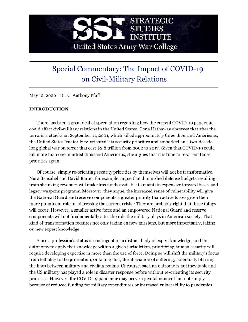 Page 1 of The Impact of COVID-19 on Civil-Military Relations by Dr. C. Anthony Pfaff