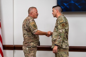 Master Sgt. Morgan Stolp, additional duty first sergeant, 134th Air Control Squadron, was awarded the Diamond Sharp Award at McConnell Air Force Base, Kan., June 5, 2026. Stolp was recognized for his professionalism, mentorship and support to Active Duty and Air National Guard Airmen while serving as a first sergeant during times of crisis. (US Air National Guard photo by Airman 1st Class Darigan Brown)