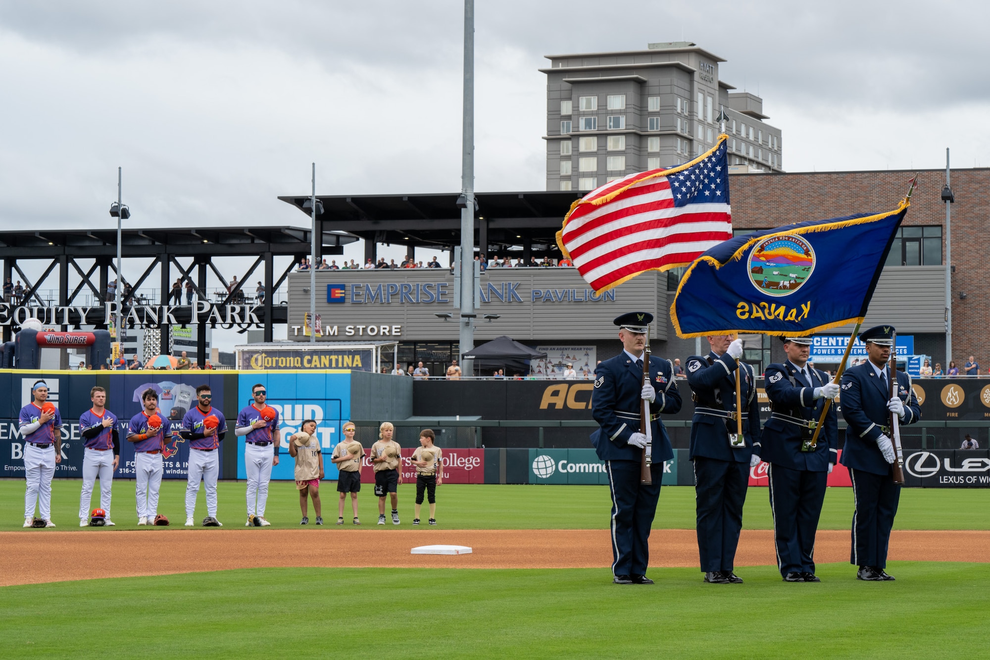 Service members, family and friends of the 184th Wing enjoy family day at the ballpark at Equity Bank Park, Wichita, Kan., June 6, 2026. The families gathered to watch the baseball game and participate in games and festivities hosted by Wind Surge and the 184th Wing. (U.S. Air National Guard photo by Airman 1st Class Darigan Brown)