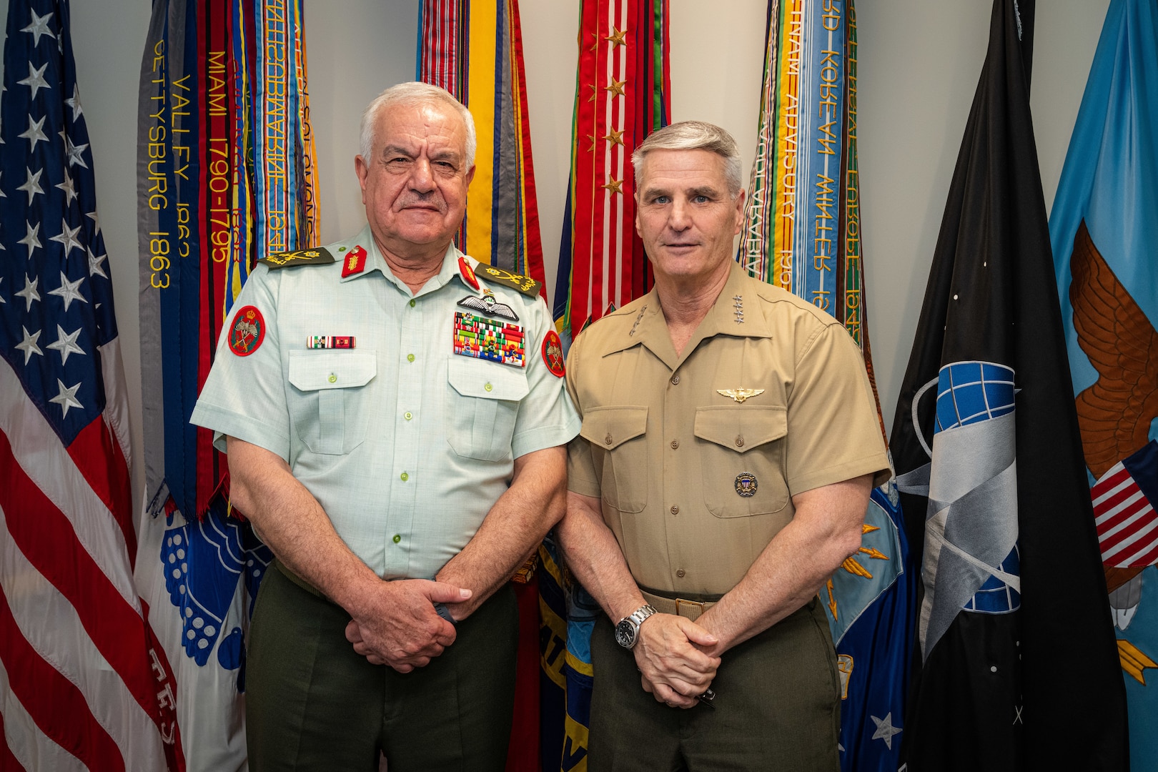 Vice Chairman of the Joint Chiefs of Staff General Christopher J. Mahoney met with the Chairman of the Joint Chiefs of Staff of the Jordanian Armed Forces, General Yousef Hnaity, at the Pentagon on 22 July 2026. During their engagement, the leaders discussed pressing regional security developments and joint efforts to counter malign regional actors.