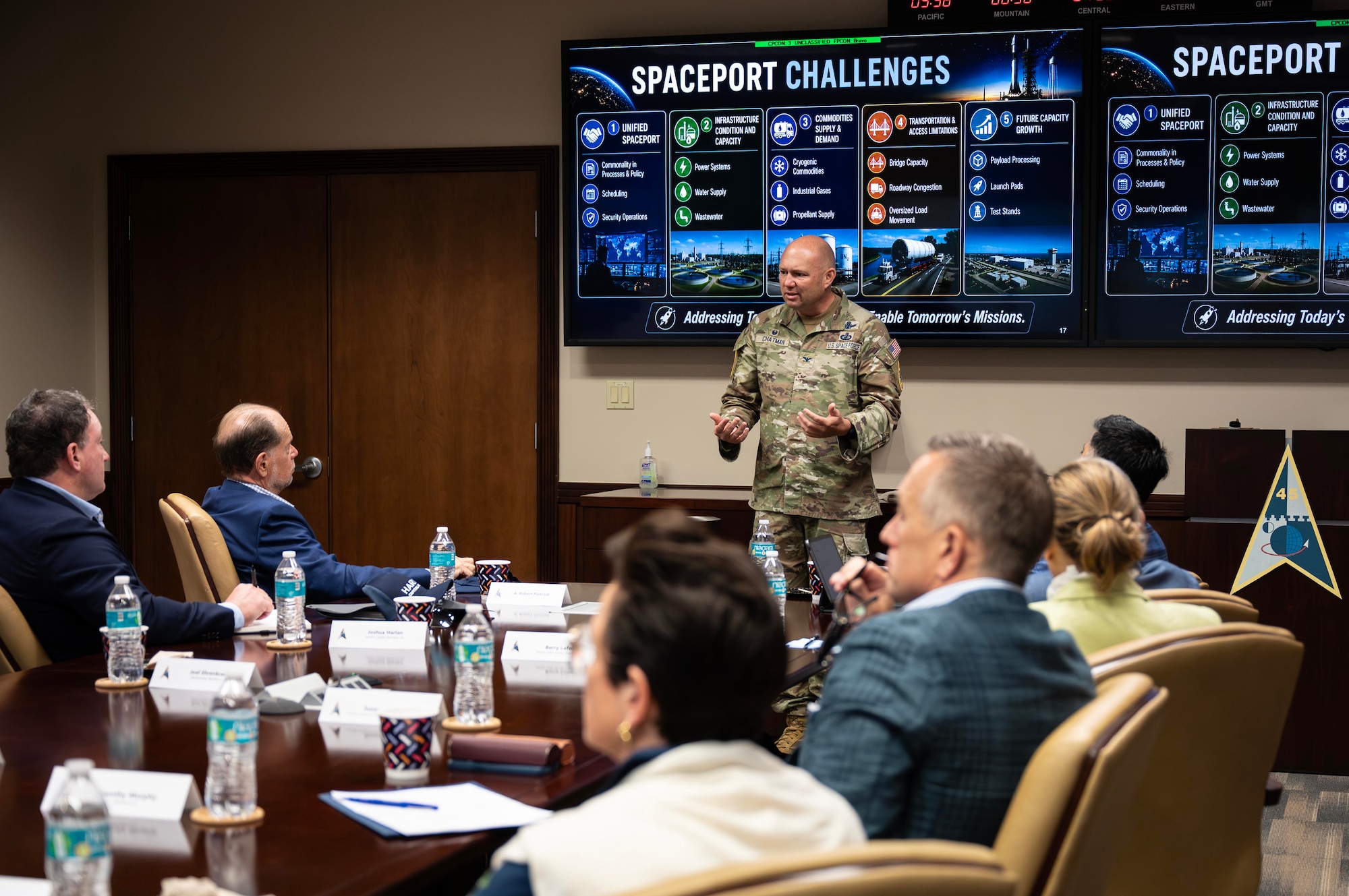 U.S. Space Force Col. Brian Chatman, Space Launch Delta 45 commander, meets with members of the Council on Foreign Relations and 45th Civil Engineer Squadron to discuss the facilities needed to support an increased launch tempo at Cape Canaveral Space Force Station, Florida, June 26, 2026. Bringing together stakeholders, researchers and subject matter experts ensures the requirements necessary for assured access to space and a premier, U.S. launch enterprise. (U.S. Space Force photo by 2nd Lt. Christian Malaniak)