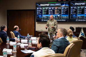 U.S. Space Force Col. Brian Chatman, Space Launch Delta 45 commander, meets with members of the Council on Foreign Relations and 45th Civil Engineer Squadron to discuss the facilities needed to support an increased launch tempo at Cape Canaveral Space Force Station, Florida, June 26, 2026. Bringing together stakeholders, researchers and subject matter experts ensures the requirements necessary for assured access to space and a premier, U.S. launch enterprise. (U.S. Space Force photo by 2nd Lt. Christian Malaniak)