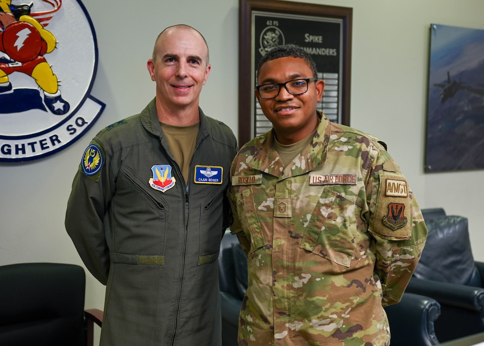 U.S. Air Force Maj. Gen. Steven Behmer, 15th Air Force commander, poses for a photo with Master Sgt. Jose Rosillo, 62nd Fighter Squadron senior enlisted leader, during a base tour at Luke Air Force Base, Arizona, July 20, 2026.