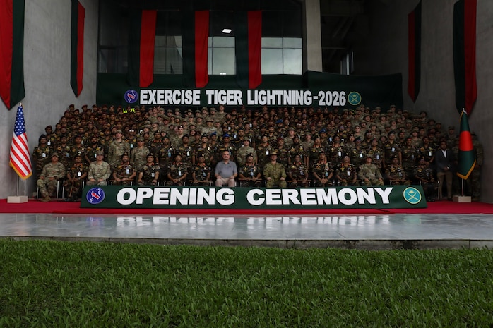 Soldiers from U.S. Army Pacific and the Oregon National Guard, along with members of the Bangladesh Army pose for a group photo after the opening ceremony of Tiger Lightning 2026 in Bangladesh, July 19, 2026.