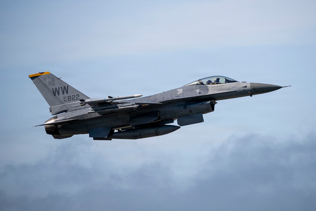 U.S. Air Force Col. Paul Davidson, 35th Fighter Wing commander, flies an F-16 Fighting Falcon during his final flight at Misawa Air Base, Japan, June 7, 2026. The final flight celebrated the completion of Col. Davidson’s command, reflecting the enduring tradition of recognizing leaders whose service shaped the wing’s mission and culture. (U.S. Air Force photo by Senior Airman Patrick Boyle)