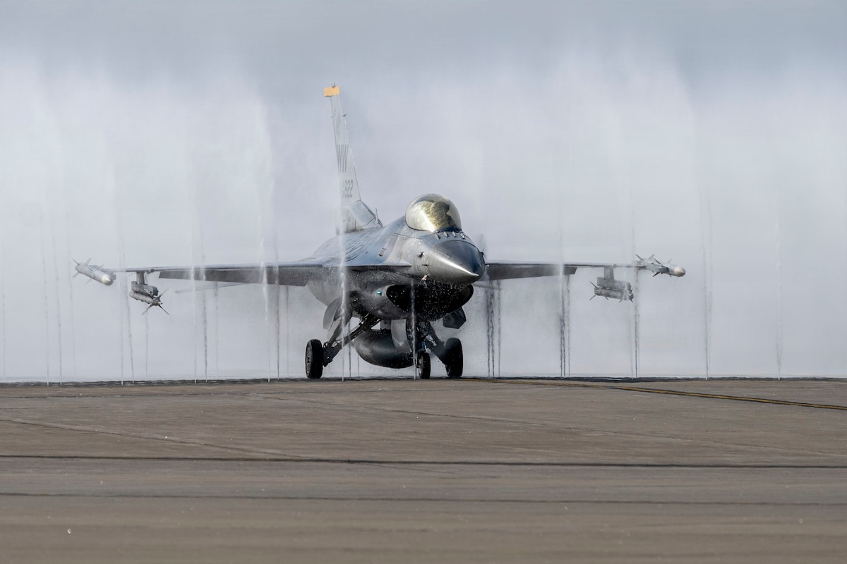 U.S. Air Force Col. Paul Davidson, 35th Fighter Wing commander, taxis in an F-16 Fighting Falcon during his final flight at Misawa Air Base, Japan, June 7, 2026. The event celebrated Col. Davidson’s service as the 35th Fighter Wing commander, recognizing his leadership. (U.S. Air Force photo by Senior Airman Patrick Boyle)