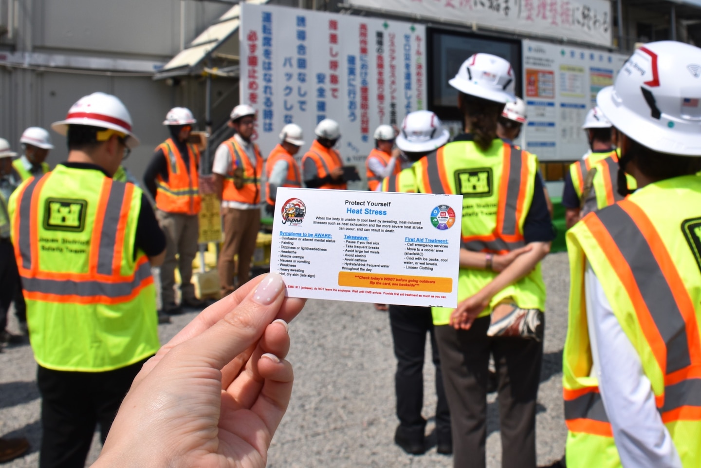The U.S. Army Corps of Engineers – Japan District provided representatives from across USACE Pacific Ocean Division with reminders about heat safety during construction site visits on Yokota Air Base, Japan, on July 21, 2026.