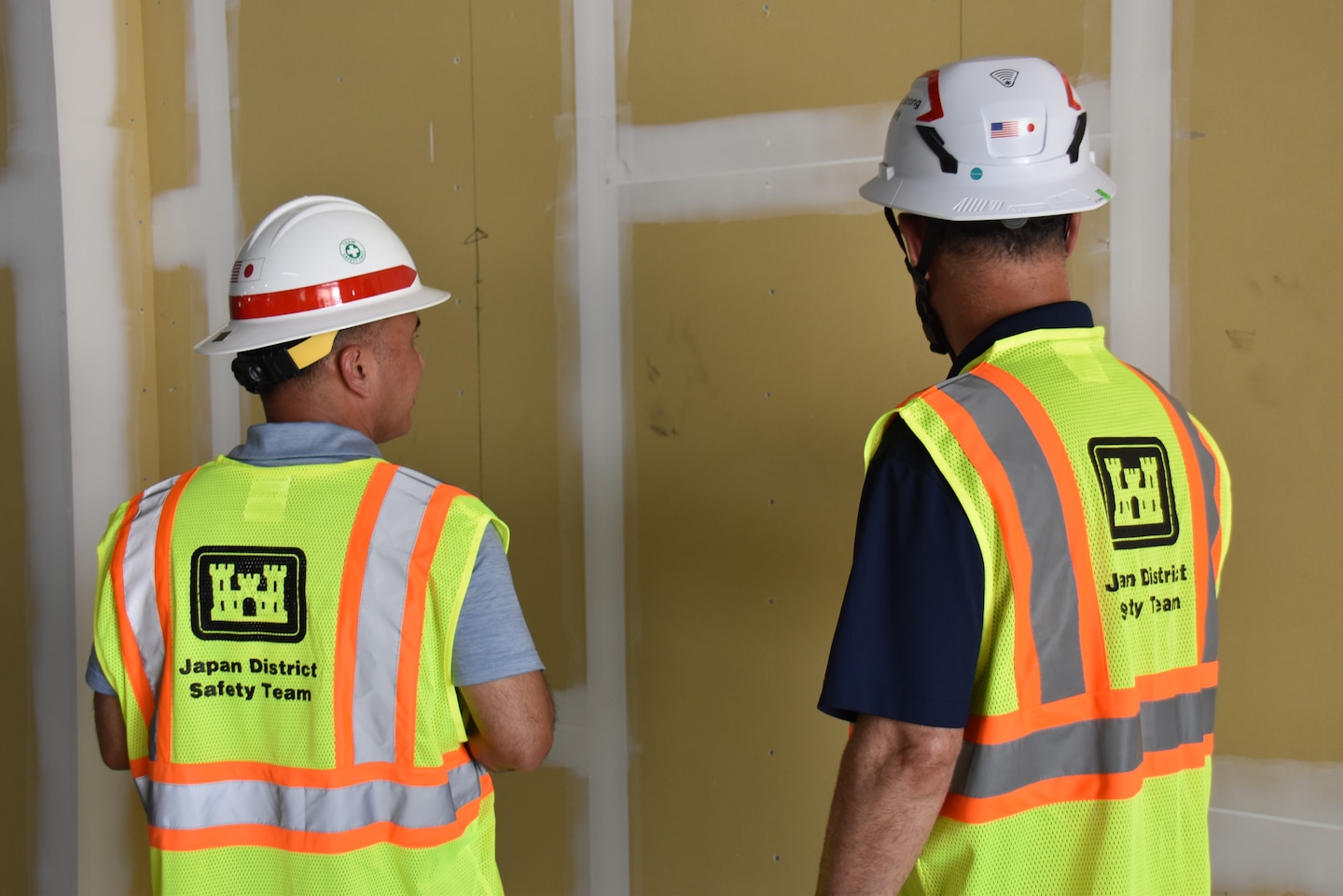 Jamie Hagio, Construction Division Chief, U.S. Army Corps of Engineers – Far East District, and Mr. Jose Sanchez, Regional Business Director, USACE Pacific Ocean Division, inspect drywall at a project under construction by USACE Japan District at Yokota Air Base, Japan, on July 21, 2026.