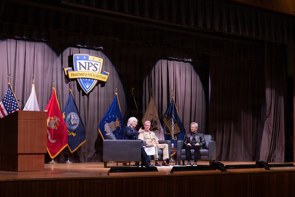 Retired U.S. Navy Vice Adm. Ann E. Rondeau, president of the Naval Postgraduate School (NPS), moderates a fireside chat with U.S. Navy Adm. Samuel J. Paparo, commander, U.S. Pacific Command, and Jensen Huang, founder and CEO of NVIDIA, at NPS in Monterey, California, July 22, 2026. The discussion focused on artificial intelligence, emerging technology and collaboration between the military, academia and industry. (Photo courtesy NVIDIA)