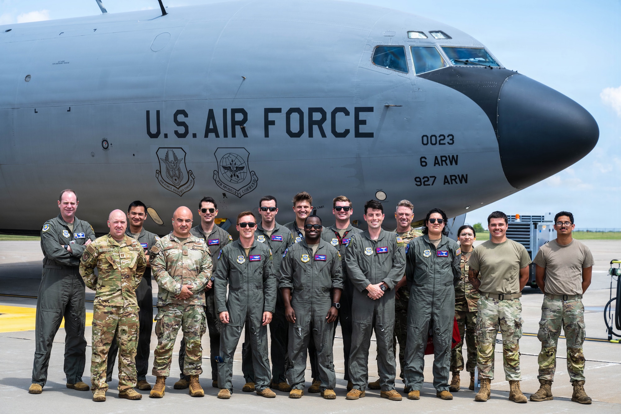 Members of the 350th Air Refueling Squadron and 722nd Aircraft Maintenance Squadron pose for a photo at McConnell Air Force Base, Kansas, July 15, 2026. The team prepared to wish farewell to a KC-135 Stratotanker as part of squadrons’ upcoming conversion to the KC-46A Pegasus. (U.S. Air Force photo by Airman 1st Class Patrick O’Neill)