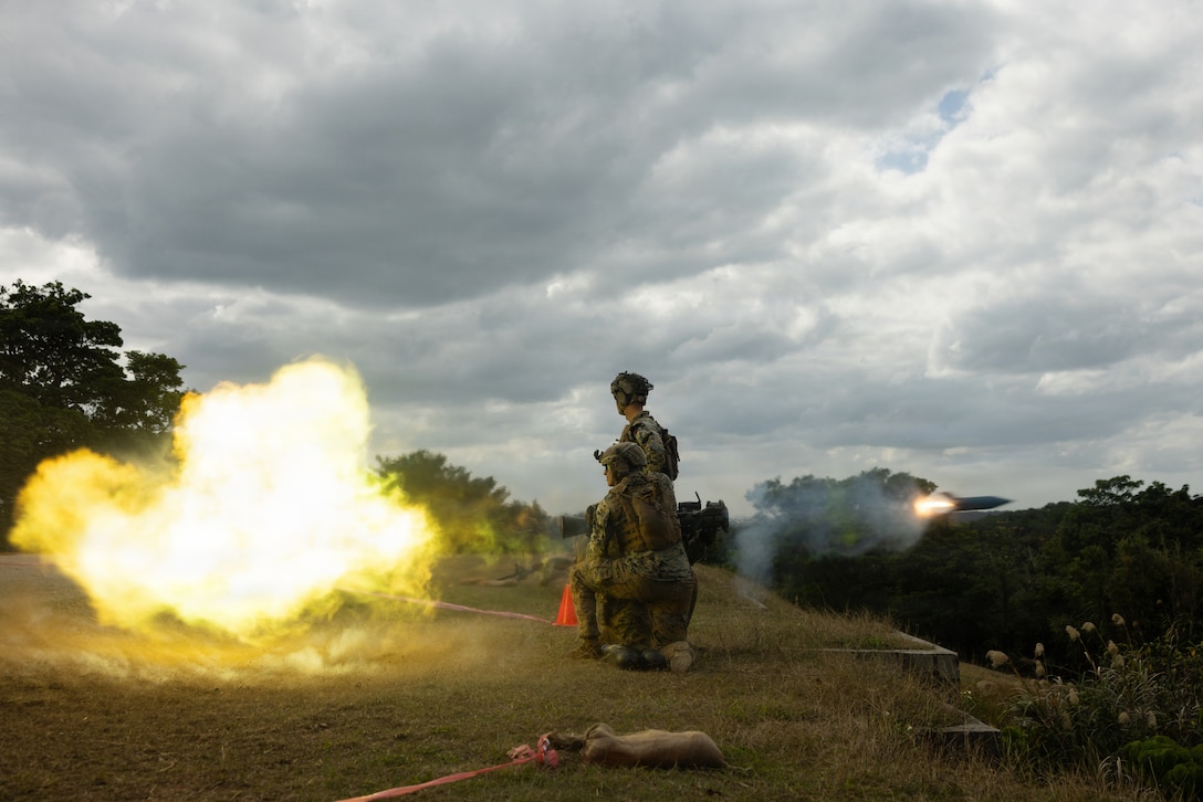 U.S. Marine Corps Cpl. Marco Velasco, and Lance Cpl. Jayden Riveranazario, both rifleman with 12th Littoral Combat Team, 12th Marine Littoral Regiment, 3rd Marine Division, fire an M3E1 Multi-Role Anti-Armor Anti-Personnel Weapon during a live-fire platoon sized attack on Camp Schwab, Okinawa, Japan, Jan. 29, 2026. 12th LCT’s Akuma Company executed platoon-sized attacks employing multiple weapons systems and different sized elements to increase lethality, refine fires and maneuver integration, and strengthen it’s small-unit combat proficiency within the First Island Chain. Velasco is a native of Florida. Riveranazario is a native of Connecticut. (U.S. Marine Corps photo by Lance Cpl. Robert Blanks)