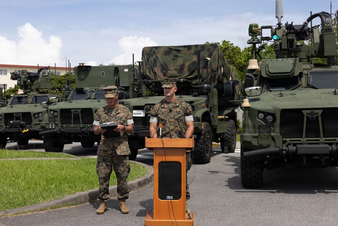 U.S. Marine Corps Maj. Luke Egtoff, a battery commander with 12th Marine Littoral Regiment, 3rd Marine Division, addresses the media during a media engagement on Camp Hansen, Okinawa, Japan, June 30, 2026. This media engagement covered the arrival of the Navy Marine Expeditionary Ship Interdiction System and Marine Air Defense Integrated System to 12th MLR. (U.S. Marine Corps photo by Cpl. Briseida Villasenor)