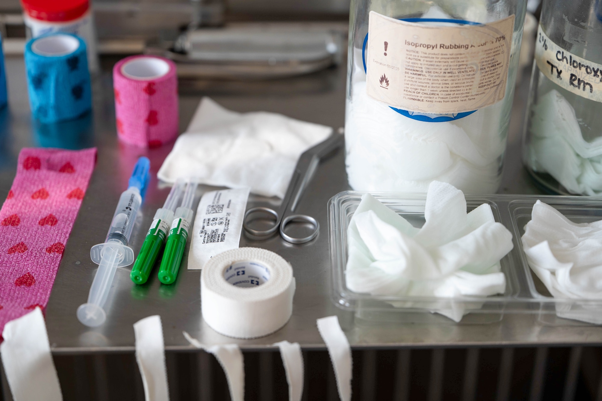 Medical supplies used during routine dental procedures at the Spangdahlem Veterinary Treatment Facility at Spangdahlem Air Base, Germany, July 14, 2026. Veterinary personnel use specialized equipment to safely monitor and treat military working dogs during preventive dental care. (U.S. Air Force photo by Airman 1st Class Kacie Ramos)