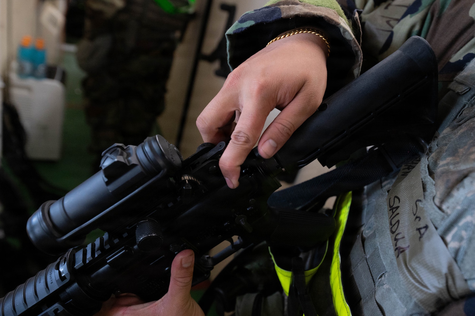 A U.S. Air Force Airman assigned to the 8th Logistics Readiness Squadron clears an M4 carbine for general arming during exercise Beverly Sentinel 26-4 at Kunsan Air Base, Republic of Korea, July 21, 2026. During Bev. Sent. 26-4, 8th LRS Airmen issued M18 pistols and M4 carbines to the Wolf Pack, honing the 8th Fighter Wing’s capability to rapidly arm and conduct installation security. (U.S. Air Force photo by Staff Sgt. Cedrique Oldaker)