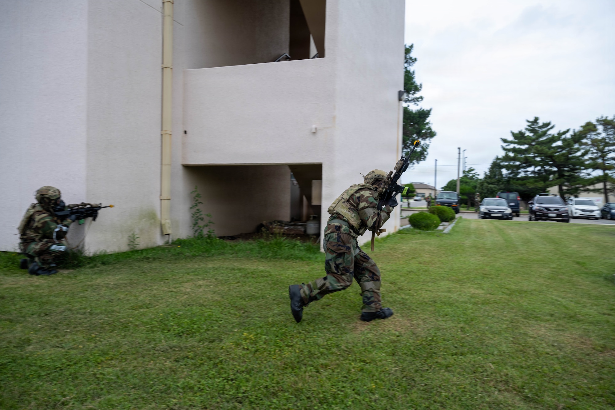 U.S. Air Force Airmen assigned to the 8th Fighter Wing engage in simulated combat during an opposing force training scenario as part of exercise Beverly Sentinel 26-4 at Kunsan Air Base, Republic of Korea, July 22, 2026. Training events such as this are essential to ensure the Wolf Pack maintains its "Fight Tonight" readiness and can rapidly respond to any crisis. (U.S. Air Force photo by Senior Airman Tabatha Chapman)