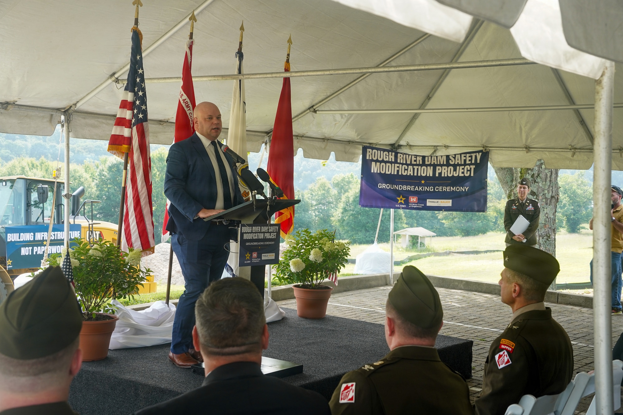 Mr. Adam Telle, Assistant Secretary of the Army for Civil Works, speaks to the crowd during the Rough River Dam Rehabilitation Project Groundbreaking at Rough River Lake, Kentucky July 21, 2026. The work is anticipated to take approximately six to eight years to complete. Phase 2 will involve creating a new outlet works on the left abutment which will consist of a new control tower and stilling basin with a new tunnel connecting the two features.