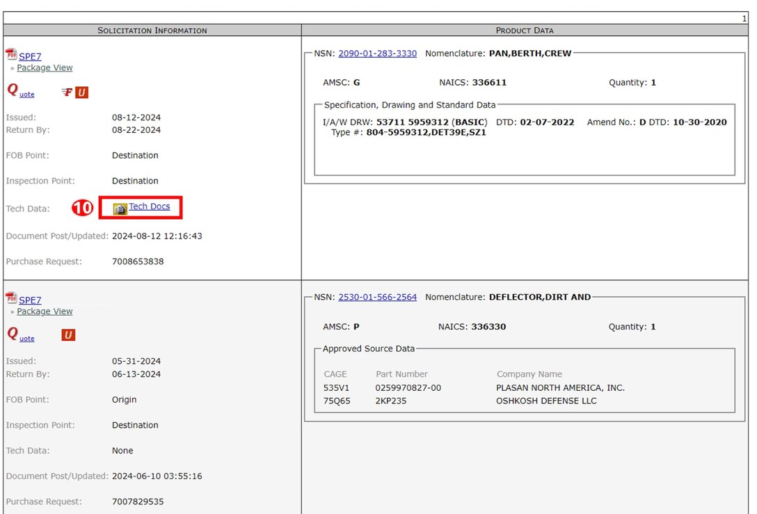 Locate the desired solicitation information and click on the link labeled Tech Docs.
