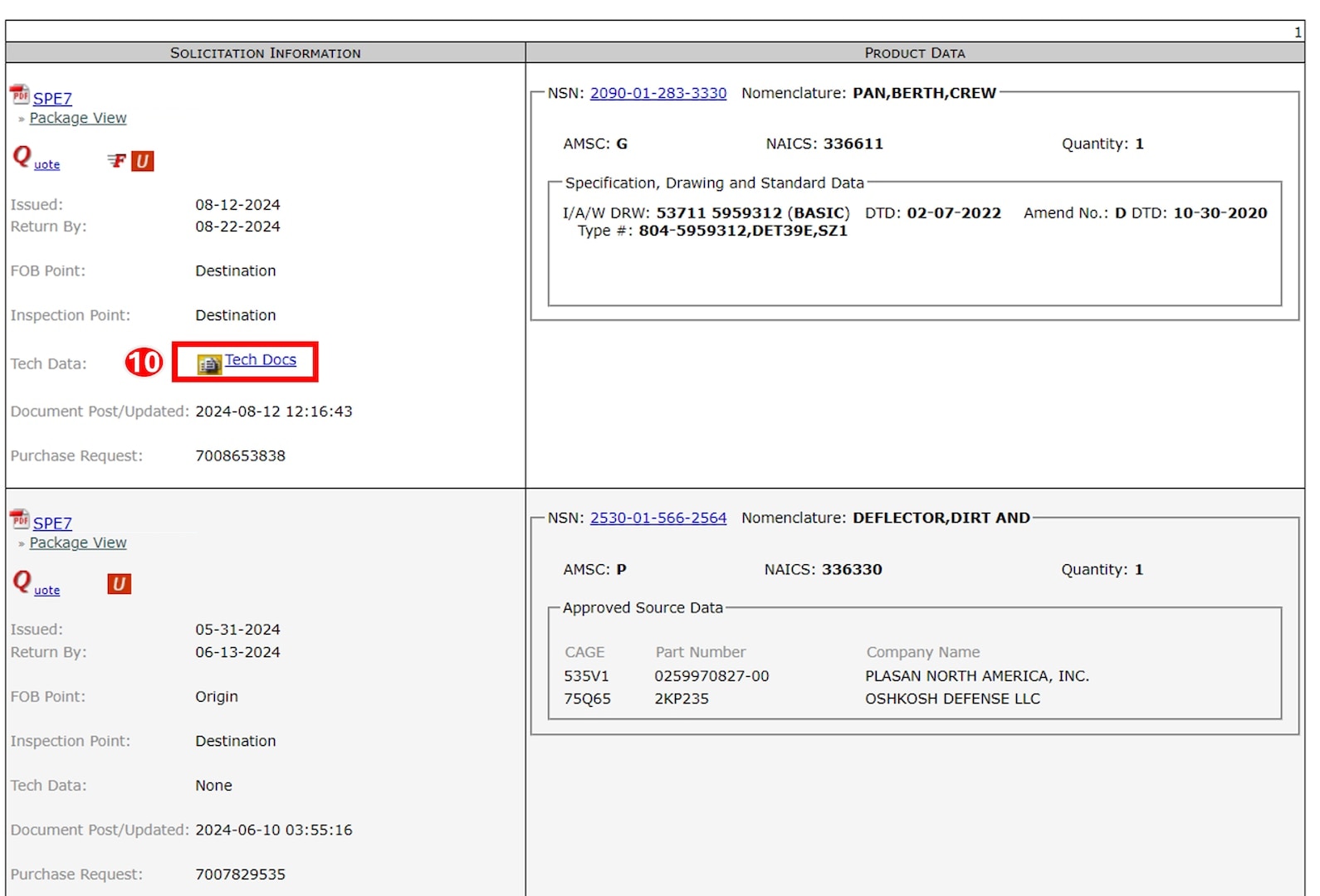 Locate the desired solicitation information and click on the link labeled Tech Docs.