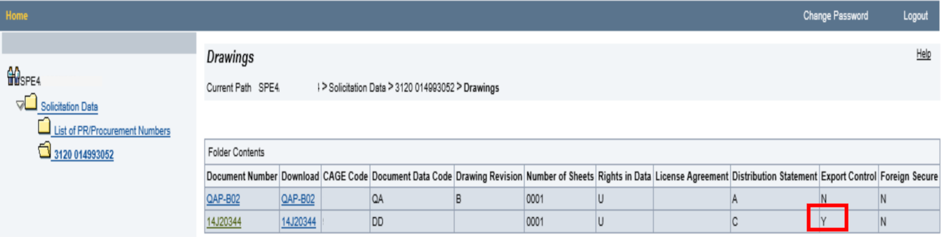 Export control data is identified as a "Y" in the Export Control column.