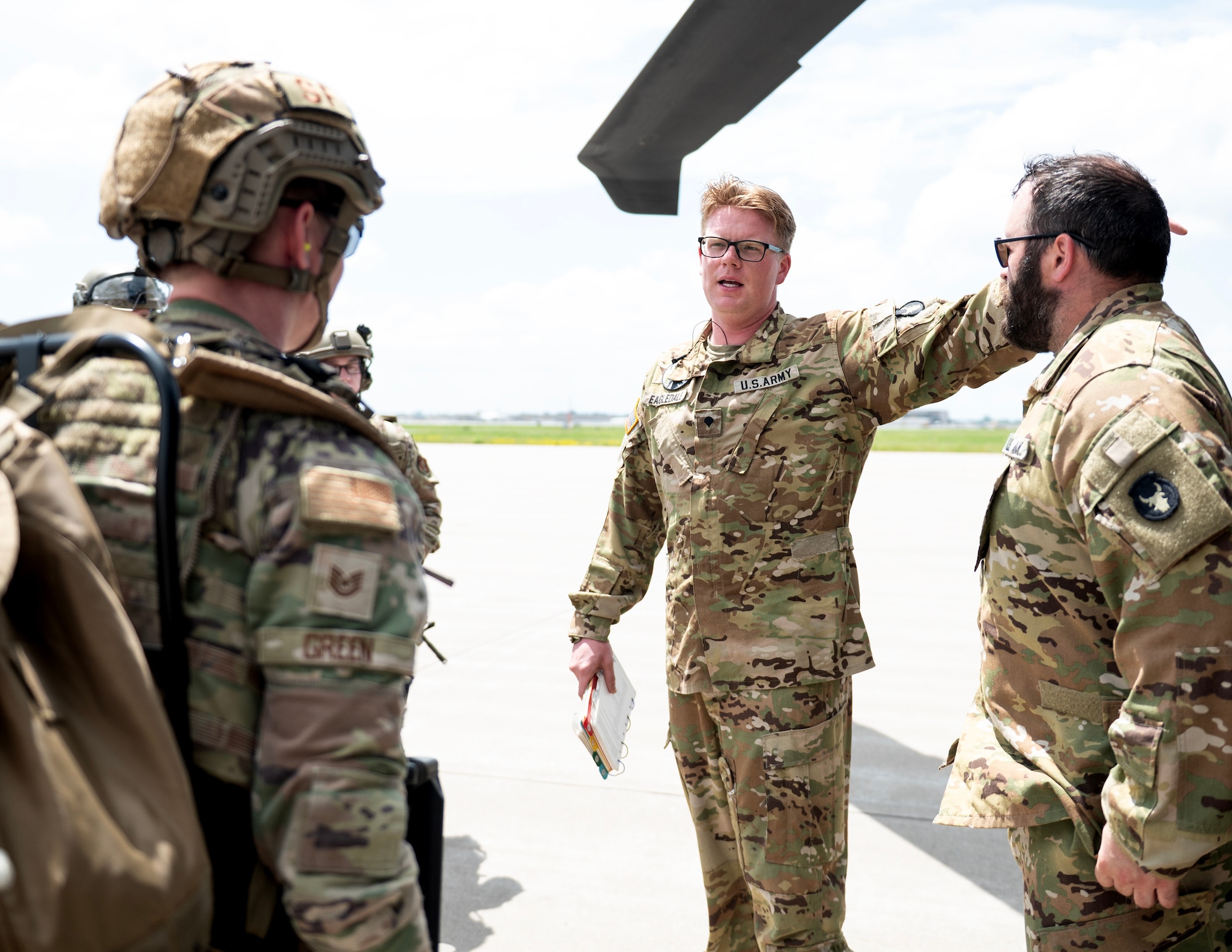 U.S. Army Soldiers from the Alpha Company, 2nd Assault Helicopter Battalion, 147th Aviation Regiment, Minnesota National Guard, give a safety brief about the UH-60 Black Hawk helicopter in St. Paul, Minn., June 10, 2026.