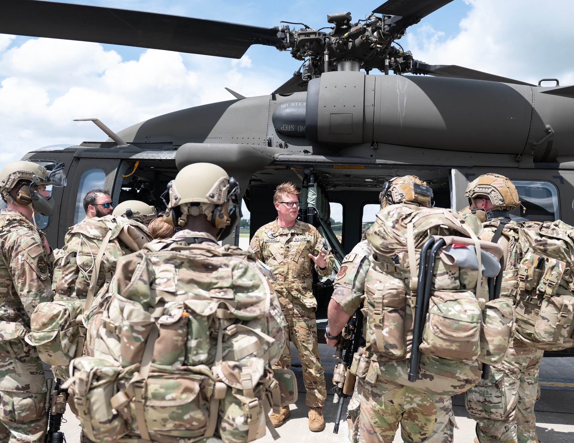 U.S. Army Soldiers from the Alpha Company, 2nd Assault Helicopter Battalion, 147th Aviation Regiment, Minnesota National Guard, give a safety brief about the UH-60 Black Hawk helicopter in St. Paul, Minn., June 10, 2026.