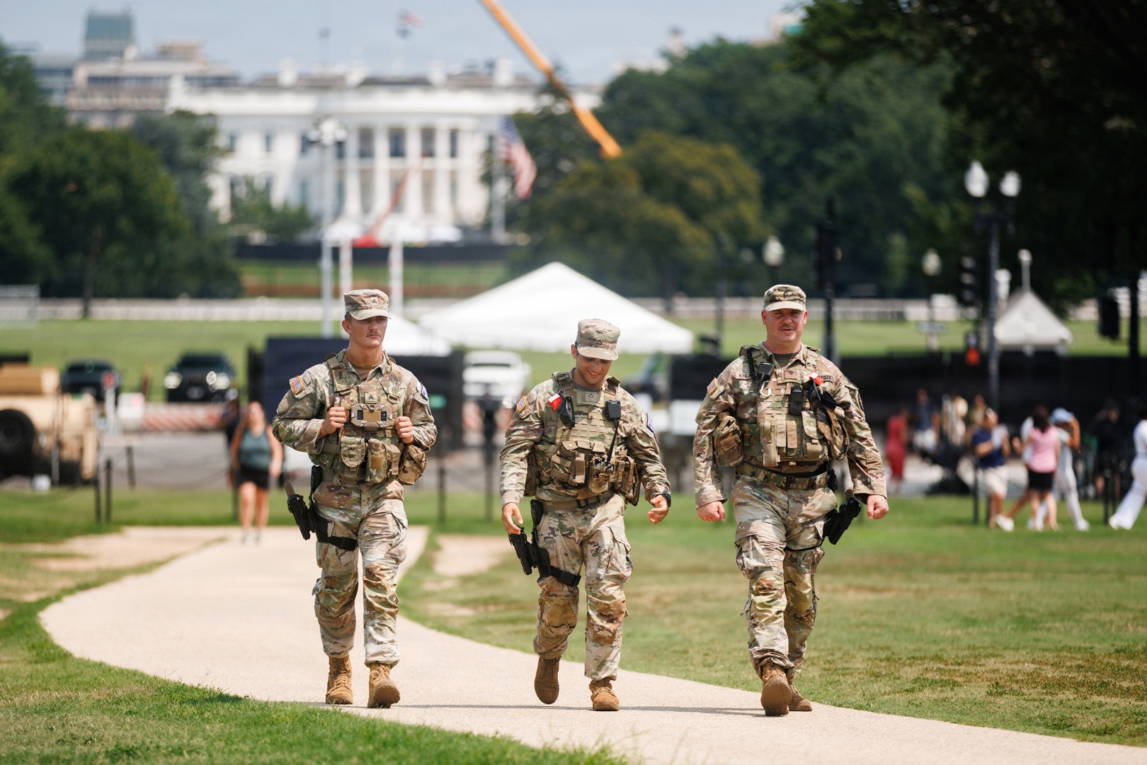 U.S. National Guardsmen with the Michigan National Guard, assigned to Joint Task Force – District of Columbia, in support of the DC Safe and Beautiful mission, patrol the National Mall in Washington, July 12, 2026.