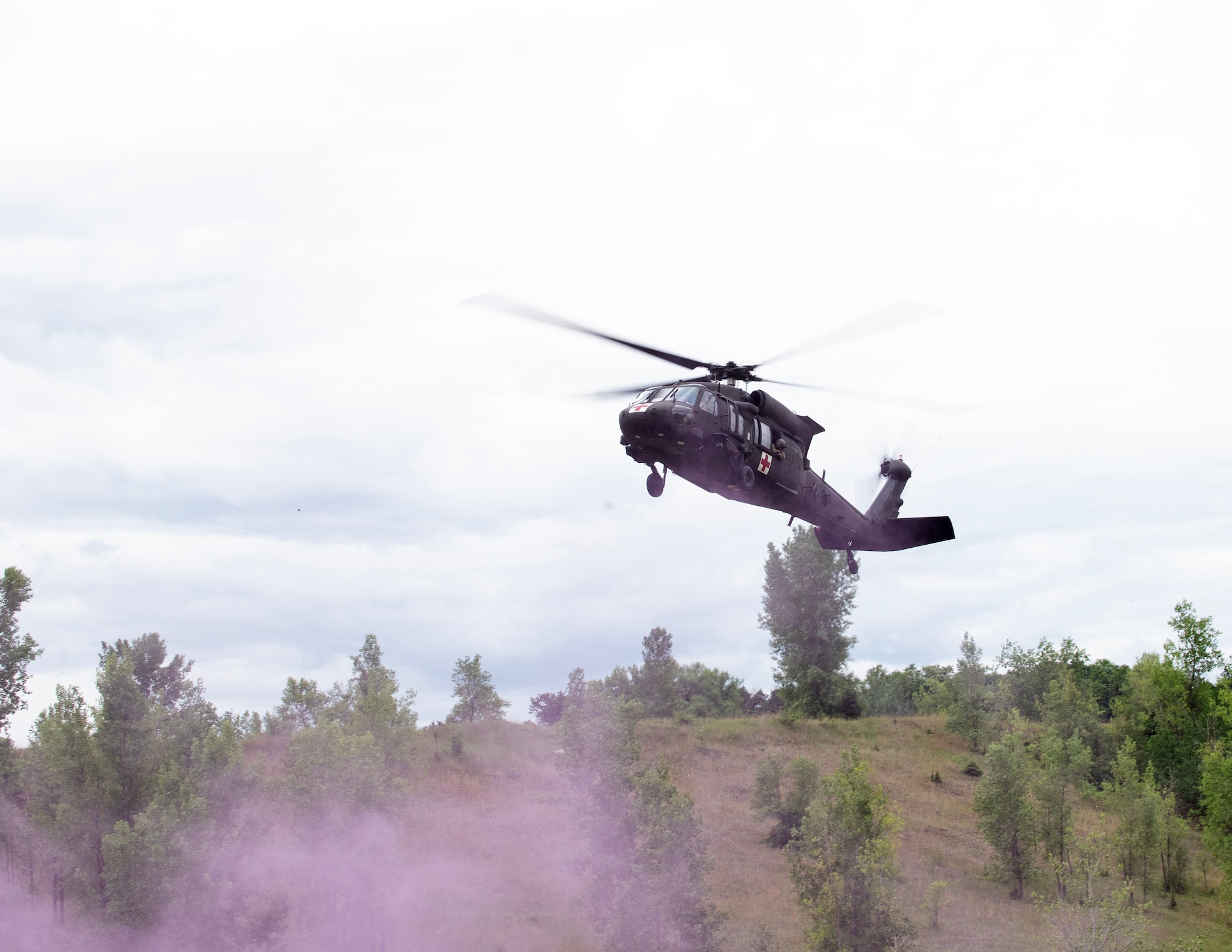 U.S. Army UH-60 Black Hawk helicopter from the Charlie Company, 2nd Battalion, 211th Aviation Regiment, 34th Combat Aviation Brigade, Minnesota National Guard, prepares for landing in Arden Hills, Minn., June 11, 2026.