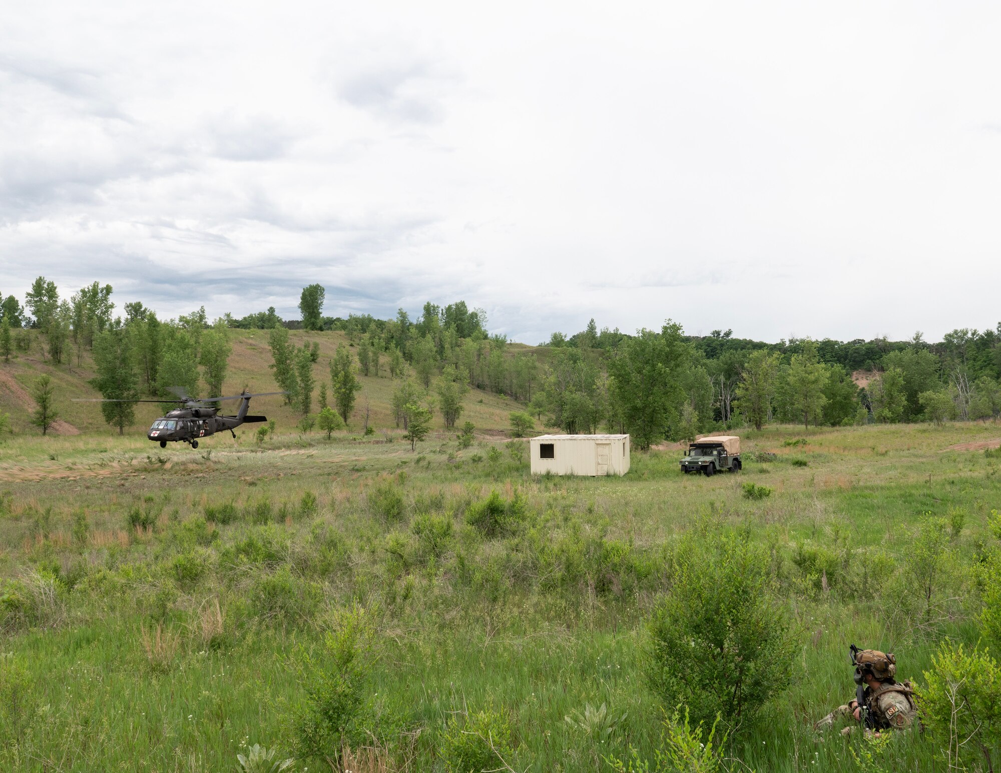 U.S. Army UH-60 Black Hawk helicopter from the Charlie Company, 2nd Battalion, 211th Aviation Regiment, 34th Combat Aviation Brigade, Minnesota National Guard, takes off in Arden Hills, Minn., June 11, 2026.