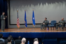 Col. Matthew Swanson gives a farewell speech during a change of command ceremony