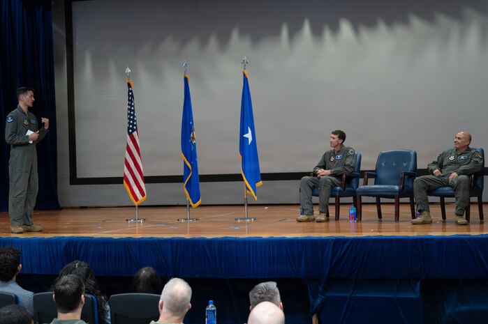 Col. Matthew Swanson gives a farewell speech during a change of command ceremony