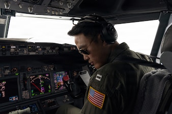 Lt. Tyler Kim, a naval aviator assigned to Patrol Squadron (VP) 4, pilots a P-8A Poseidon maritime patrol aircraft in support of Sea Dragon 2026 at Andersen Air Force Base, Guam, March 14, 2026. Sea Dragon is a U.S.-led, multinational exercise designed to train anti-submarine warfare tactics and to operate together in response to maritime security challenges in the Indo-Pacific region. (U.S. Navy Photo by Mass Communication Specialist First Class Ryan A. LeCompte)