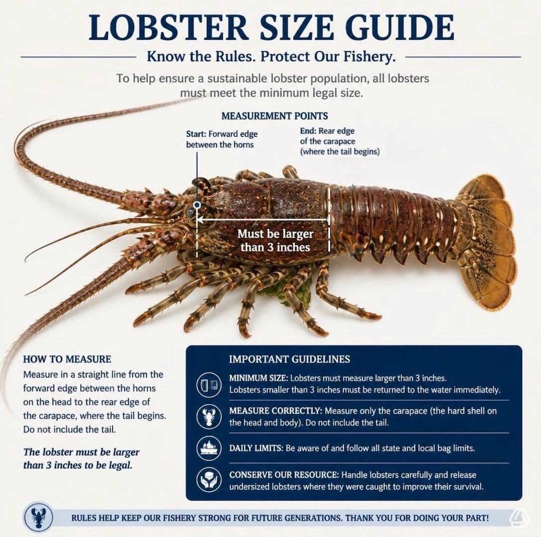This is an infographic describing Florida Fish and Wildlife Conservation Commission's requirements to keep a lobster during the mini season, July 23, 2026, Miami, Florida. The Coast Guard and FWC are ramping up safety inspections and fishery boardings during the 2026 Lobster Mini Season, July 29- 30, along the Florida coast. (Courtesy Graphic)