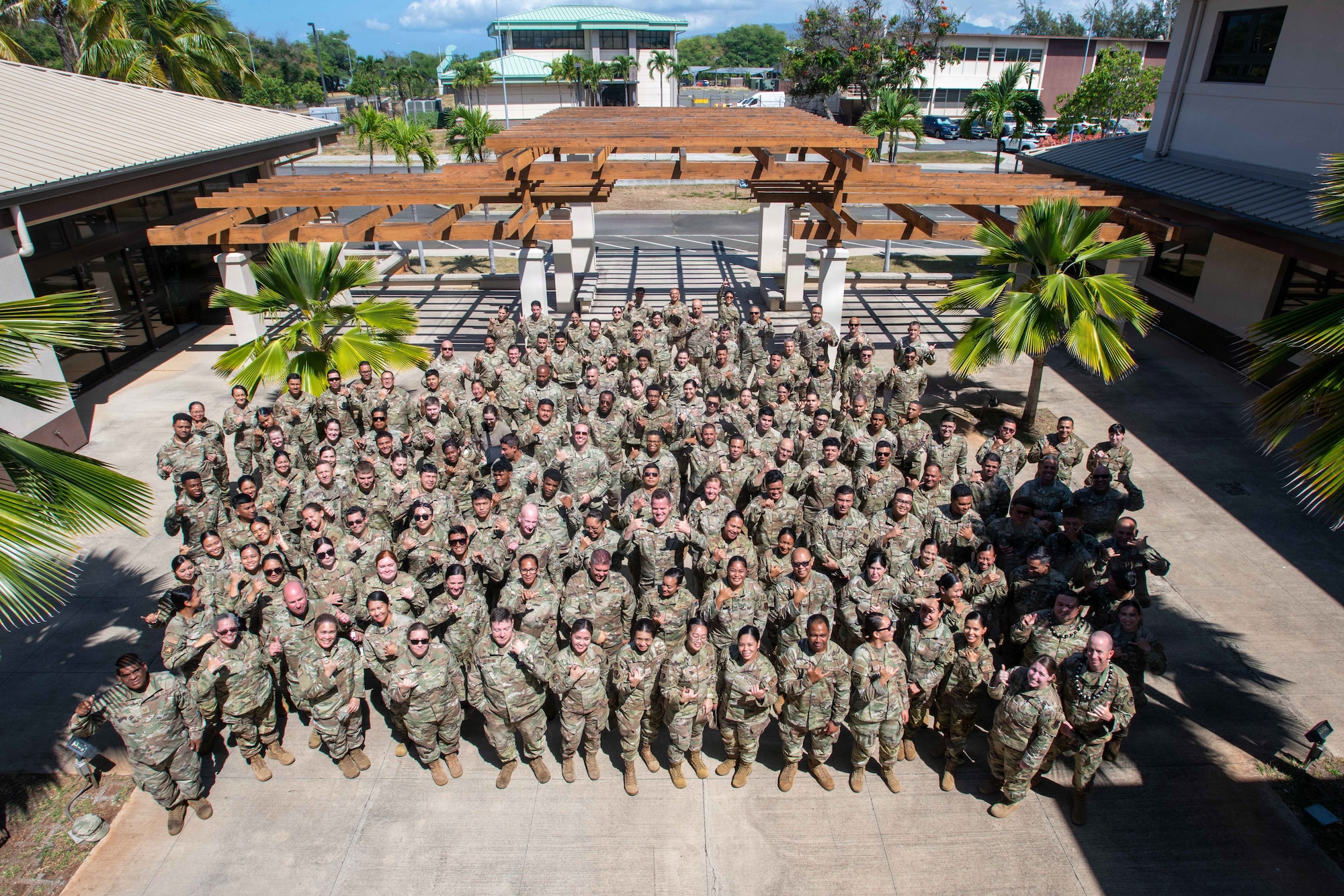 U.S. Air Force Airmen from Colorado, Nevada, Oregon, and Puerto Rico pose for a group photo on Joint Base Pearl Harbor-Hickam, Hawaiʻi, June 17, 2026. This multiunit Joint Total Force Integration Home Station Readiness Training with participation from the 140th FSS, 154th FSS, 142nd FSS, 936th FSS, and 156th FSS directly validated expeditionary capabilities and ensured that the Force Support Squadron personnel are fully prepared to execute in a contested environment. (U.S. Air National Guard photo by Airman 1st Class Lydia Tristan)