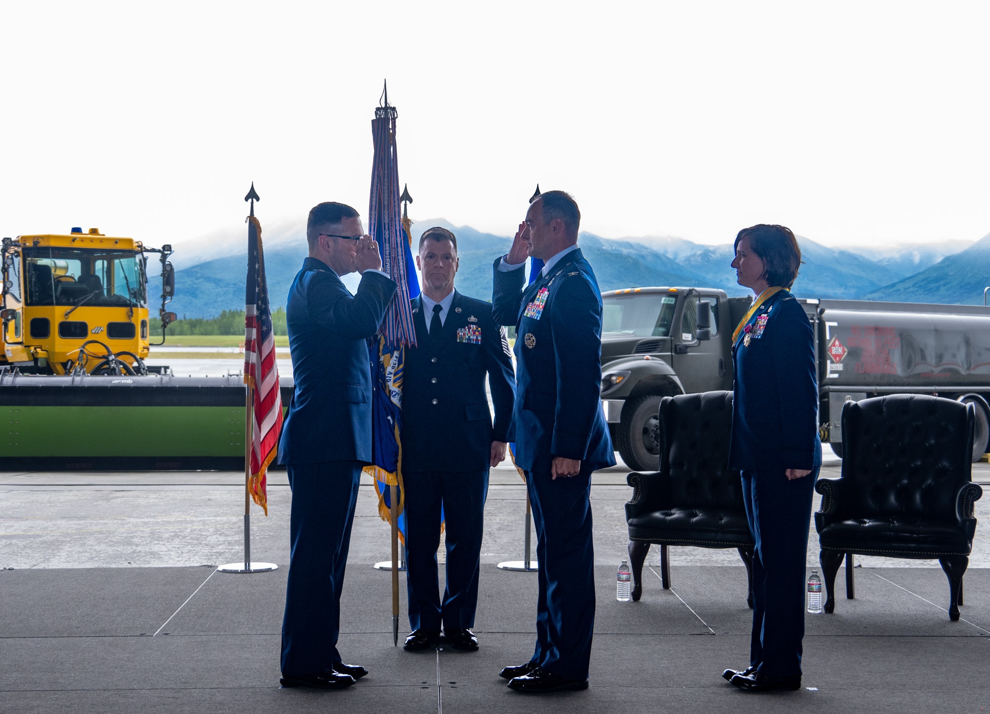 U.S. Air Force Lt. Gen. Robert Davis, commander of the Alaskan NORAD Region, Alaskan Command and Eleventh Air Force, left, salutes U.S. Air Force Col. Daniel Werner, 673d Air Base Wing commander, as he assumes command of the 673d ABW during a change-of-command ceremony on Joint Base Elmendorf-Richardson, Alaska, July 22, 2026.