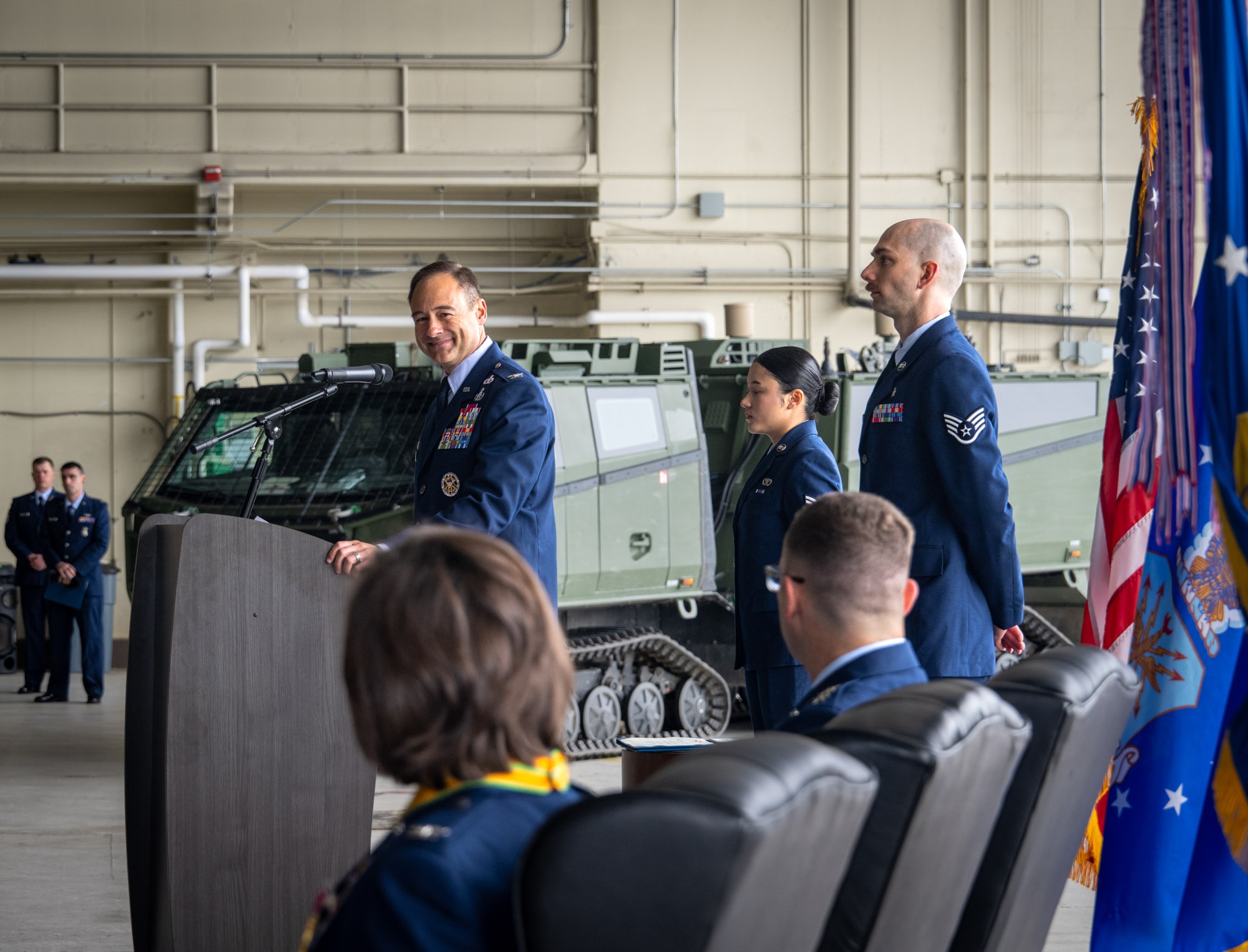 U.S. Air Force Col. Daniel Werner, 673d Air Base Wing commander, gives a speech to fellow Joint Base Elmendorf-Richardson leadership and Airmen during a change-of-command ceremony on Joint Base Elmendorf-Richardson, Alaska, July 22, 2026.