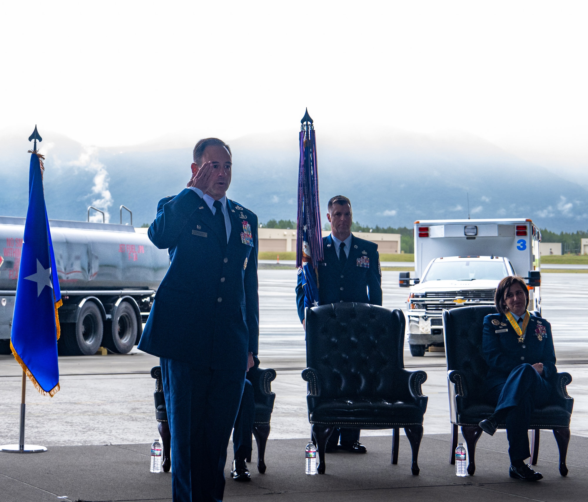 U.S. Air Force Col. Daniel Werner, 673d Air Base Wing commander, renders his first salute as he takes command of the 673 ABW during a change-of-command ceremony on Joint Base Elmendorf-Richardson, Alaska, July 22, 2026.