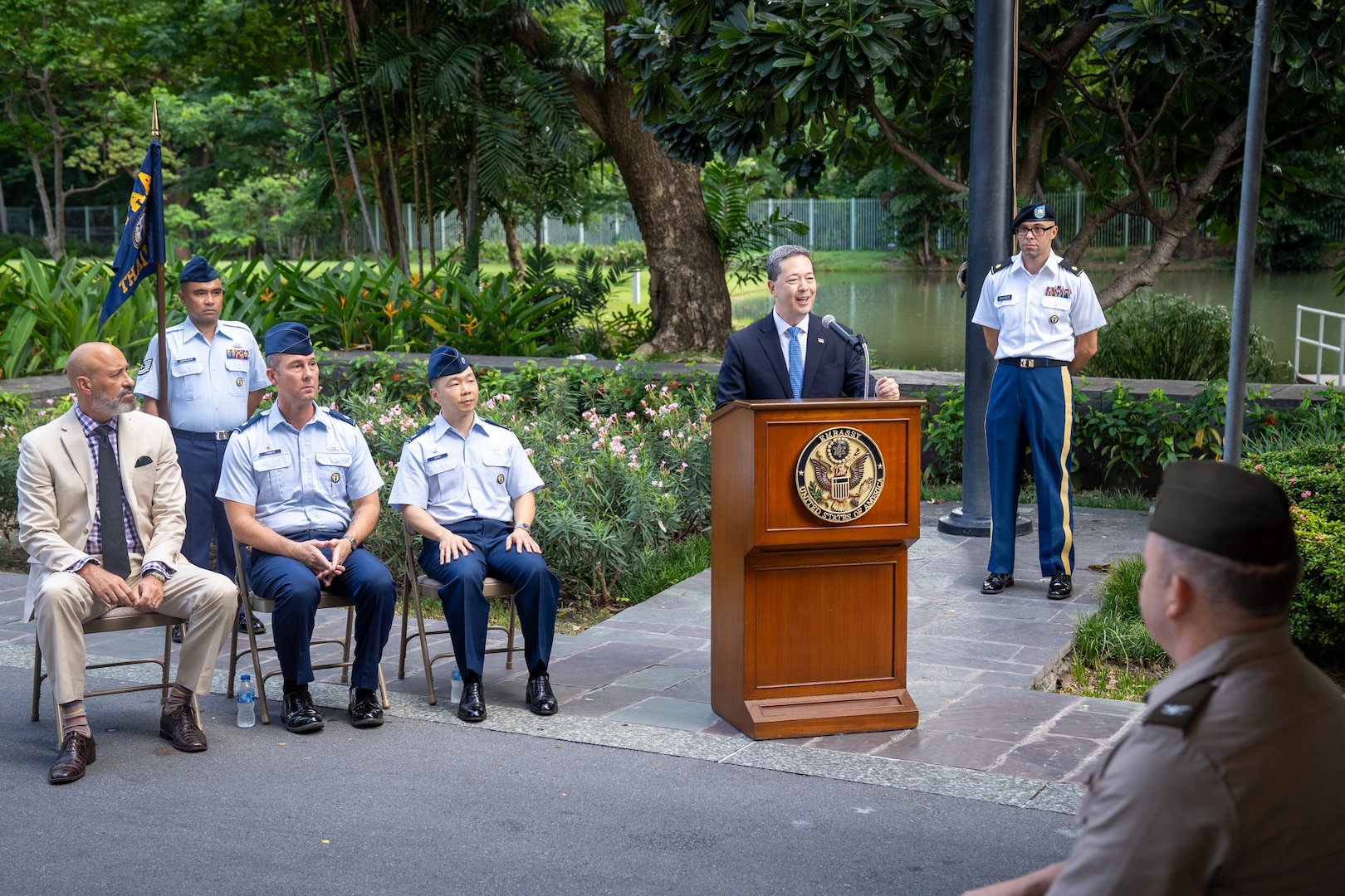U.S. Ambassador to the Kingdom of Thailand Sean K. O’Neill provides remarks during a Defense POW/MIA Accounting Agency Detachment 1 change of leadership ceremony at the U.S. Embassy in Bangkok, July 15, 2026.